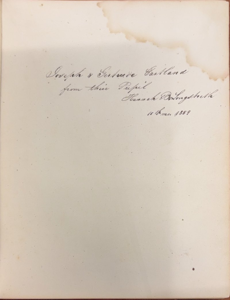 S068 Hannah B. Longstreth presentation to Joseph and Gertrude Cartland, October 1859
