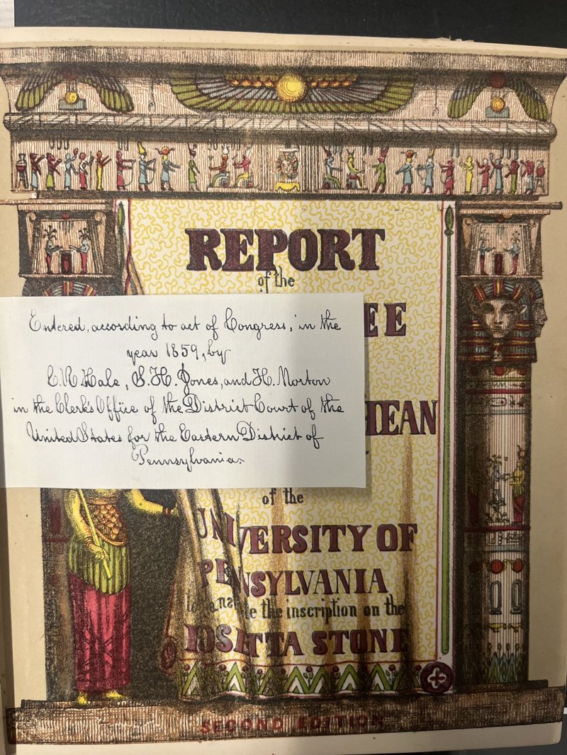 Manuscript note of the 1859 copyright entry laid over the title page