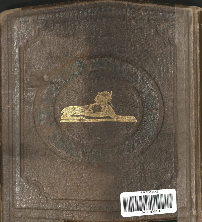 Brown cloth rear board with gilt sphinx and Duke barcode