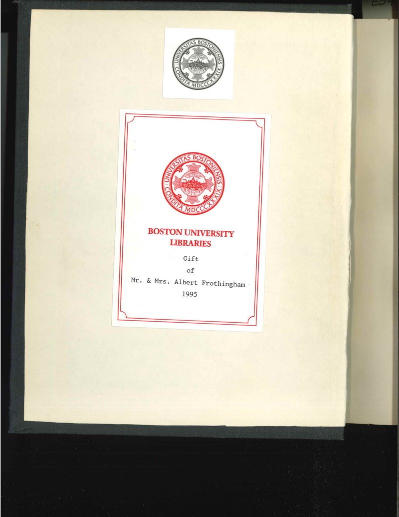 S040: Boston University bookplate recording the gift of Mr. and Mrs. Albert Frothingham, 1995