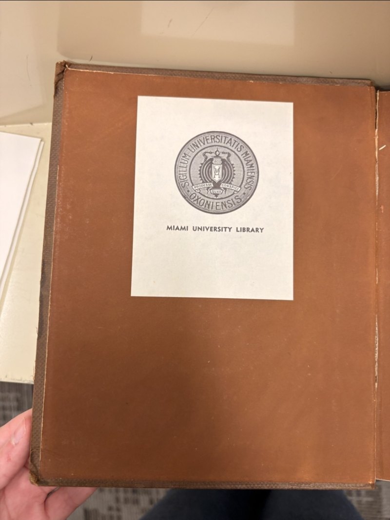Miami University Library bookplate on the front pastedown