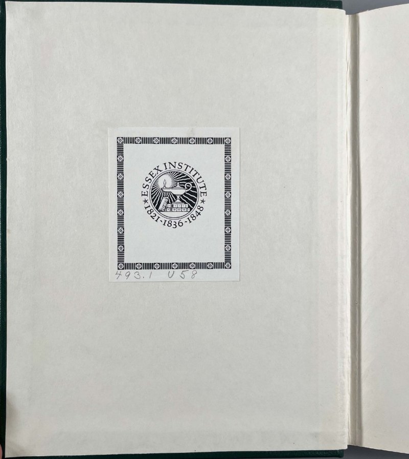 S052: Essex Institute bookplate and former shelfmark