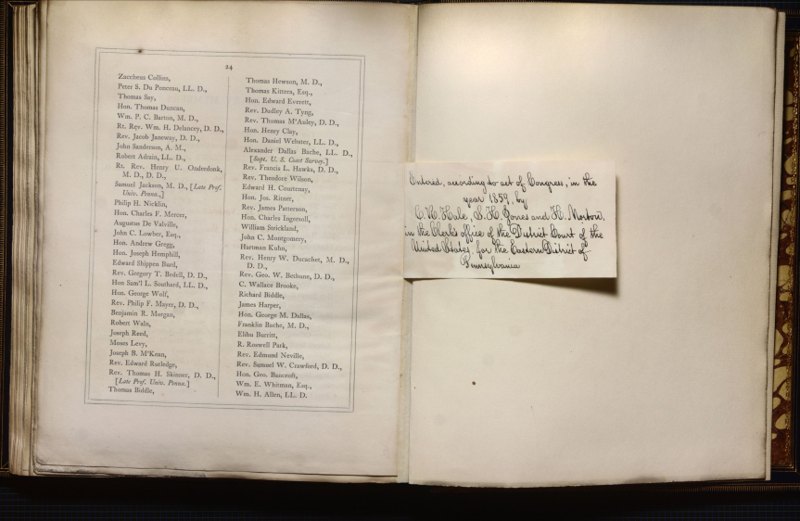 Manuscript 1859 copyright certification slip beside printed page 24