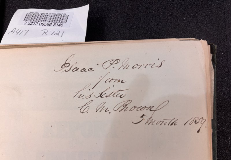 Isaac P. Morris’s gift inscription from his sister C. M. Brown, May 1859