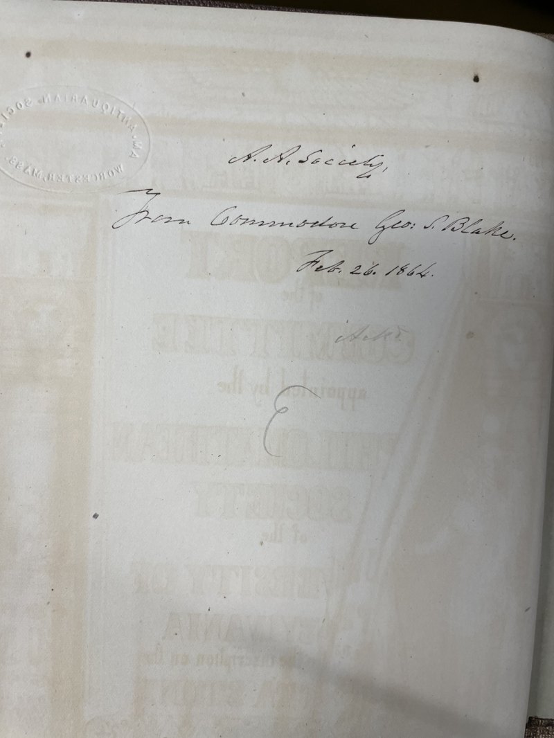 AAS gift inscription naming Commodore George S. Blake, February 26, 1864
