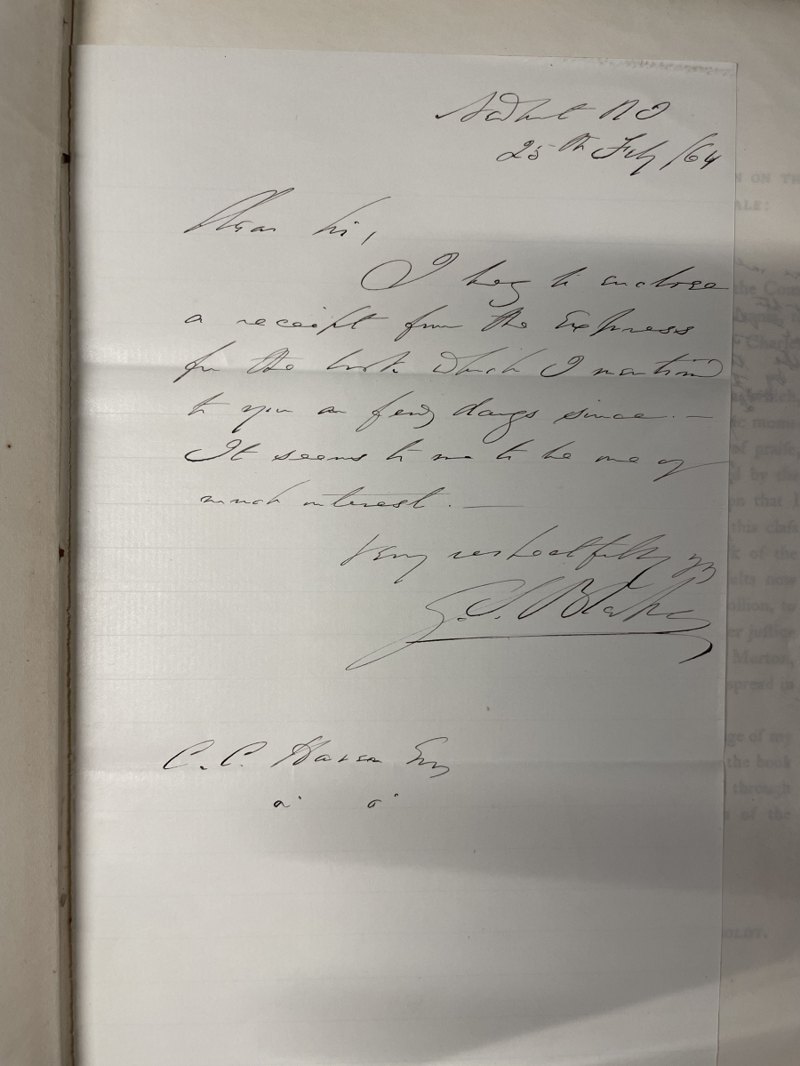 Tipped-in letter signed Geo. S. Blake, addressed to Mr. Haven