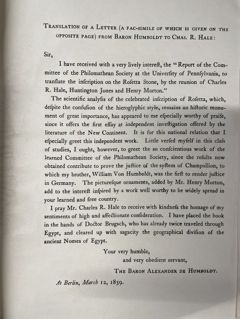 English translation of Humboldt’s letter printed in letterpress