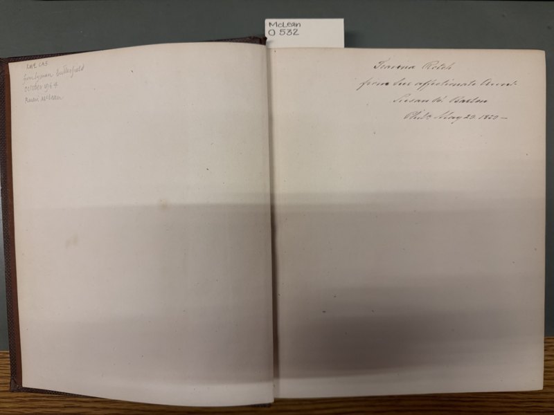 Gift inscription and facing manuscript notes