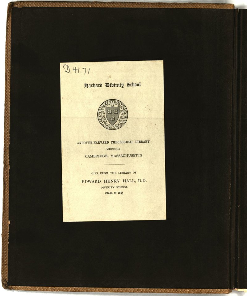 Andover-Harvard Theological Library bookplate recording Hall’s gift
