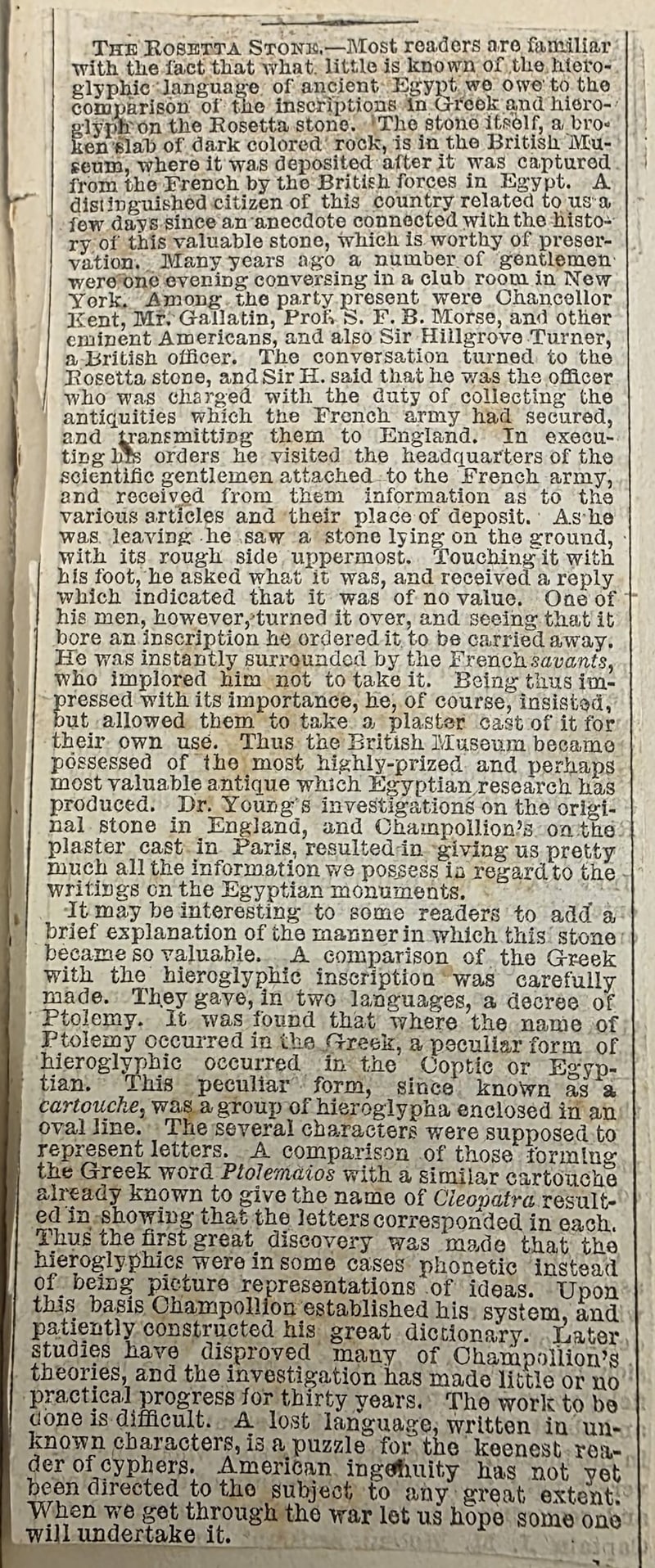 Mounted Civil War–era newspaper clipping, “The Rosetta Stone,” with the Hilgrove Turner anecdote