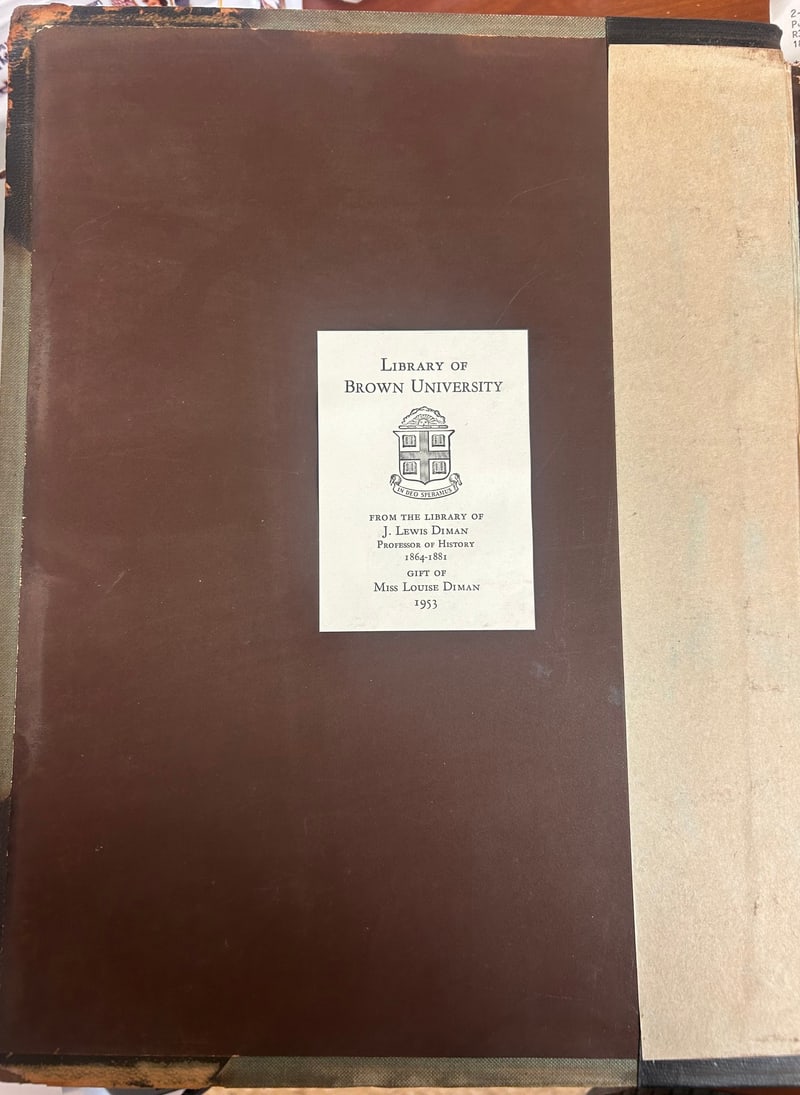 Brown endpaper with the Library of Brown University bookplate: from the library of J. Lewis Diman, Professor of History, 1864–1881, gift of Miss Louise Diman, 1953