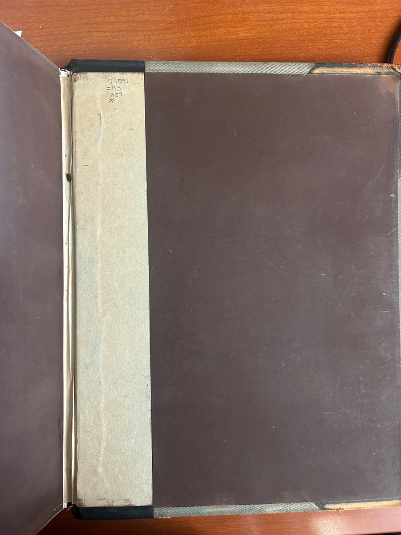 Brown endpaper and tan hinge strip with pencil call number PJ1531 =R3 1859 *