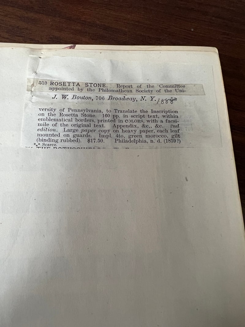 Pasted J. W. Bouton, 706 Broadway, N.Y., catalog clipping, item 510, describing a large-paper copy in green morocco; handwritten date “188_”