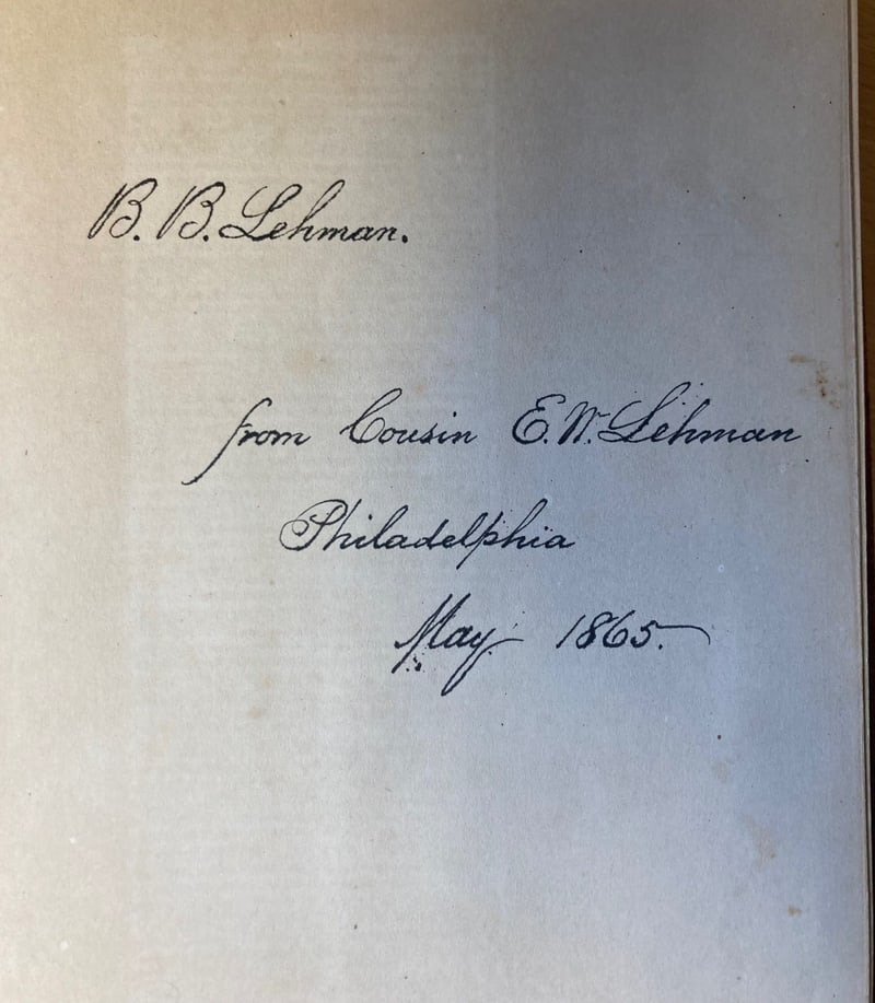 B. B. Lehman, from cousin E. W. Lehman, Philadelphia, May 1865