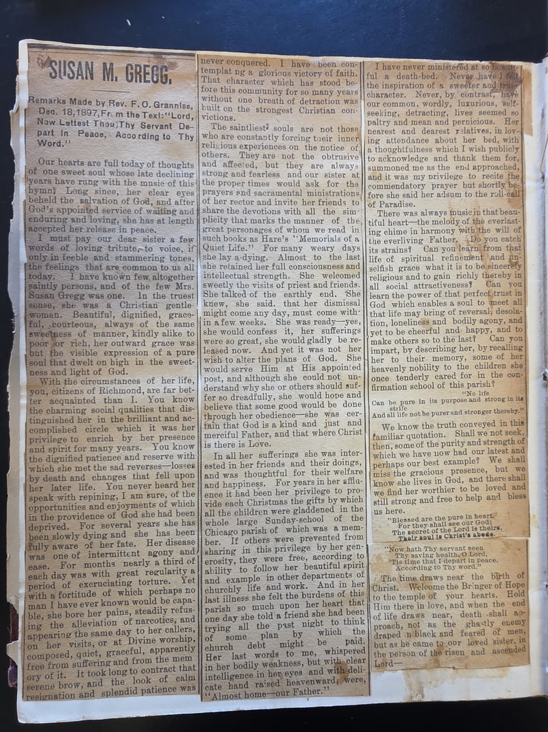 Mounted newspaper obituary headed “Susan M. Gregg”