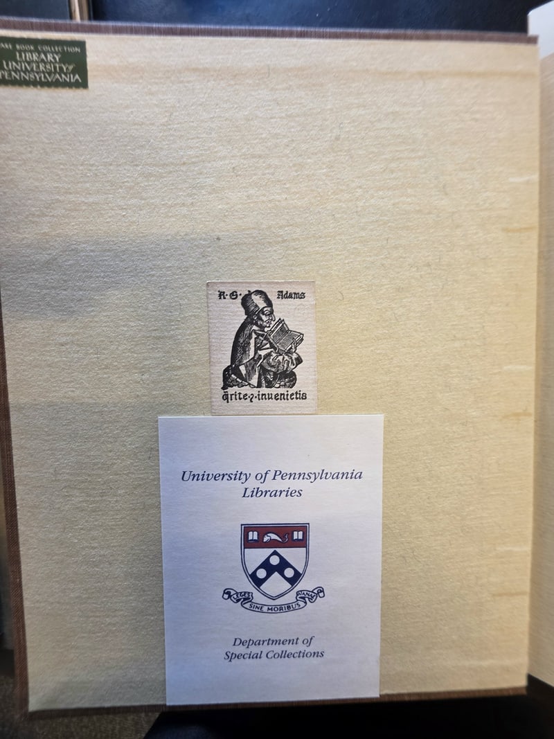 R. G. Adams woodcut bookplate, motto “quaerite et invenietis,” above the Penn Libraries bookplate