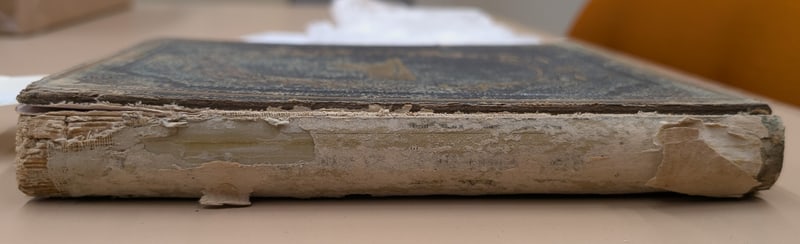 Spine covering lost; bare backing and sewing exposed