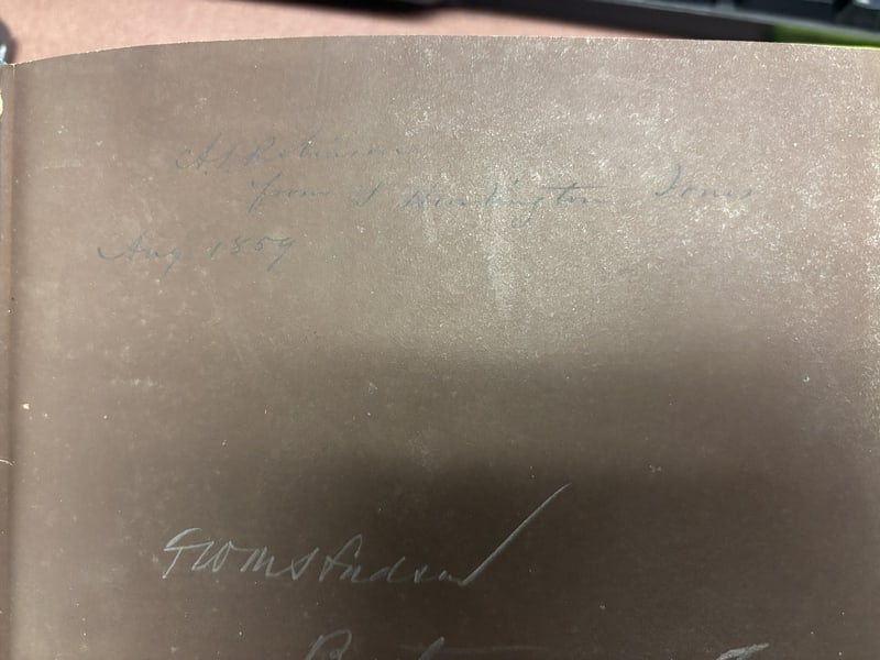 Inscriptions “A. S. Robinson from S. Huntington Jones Aug 1859” and, below, “G. Wm. [surname undeciphered], Baltimore Md, Nov 7/90”